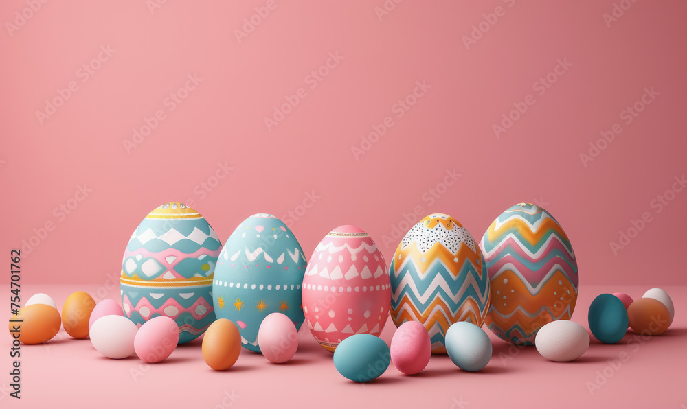 A row of colorful eggs with a pink background. The eggs are decorated with different patterns and colors, and there are also some small round eggs scattered around them. Scene is cheerful and festive