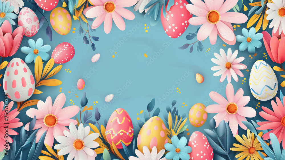 A blue background with a flowery border and a large white egg in the center. The flowers are pink and yellow, and the egg is surrounded by smaller eggs. Scene is cheerful and playful