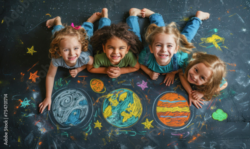 A group of children are laying on the floor and drawing a picture of the solar system. They are smiling and seem to be having fun