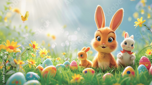 A cartoon of a bunny family with a bunny holding an egg. The bunny family is sitting in a field of grass with flowers and eggs scattered around them