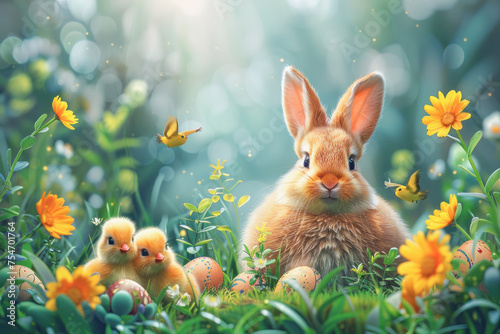 A rabbit is standing in a field of flowers with two baby chicks and a bird. The scene is bright and cheerful, with the colors of the flowers and the animals creating a sense of warmth and happiness
