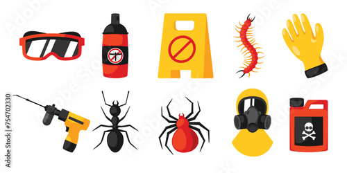 Vector set featuring essential pest extermination tools and various pests, perfect for service promotion