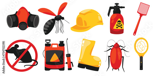 Illustration set showcasing pest control gear and common pests, ideal for educational or service-related designs