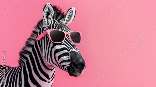Zebra with sunglasses isolated on solid pastel background  commercial  editorial advertisement  surreal surrealism 