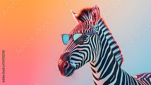 Zebra with sunglasses isolated on solid pastel background, commercial, editorial advertisement, surreal surrealism
