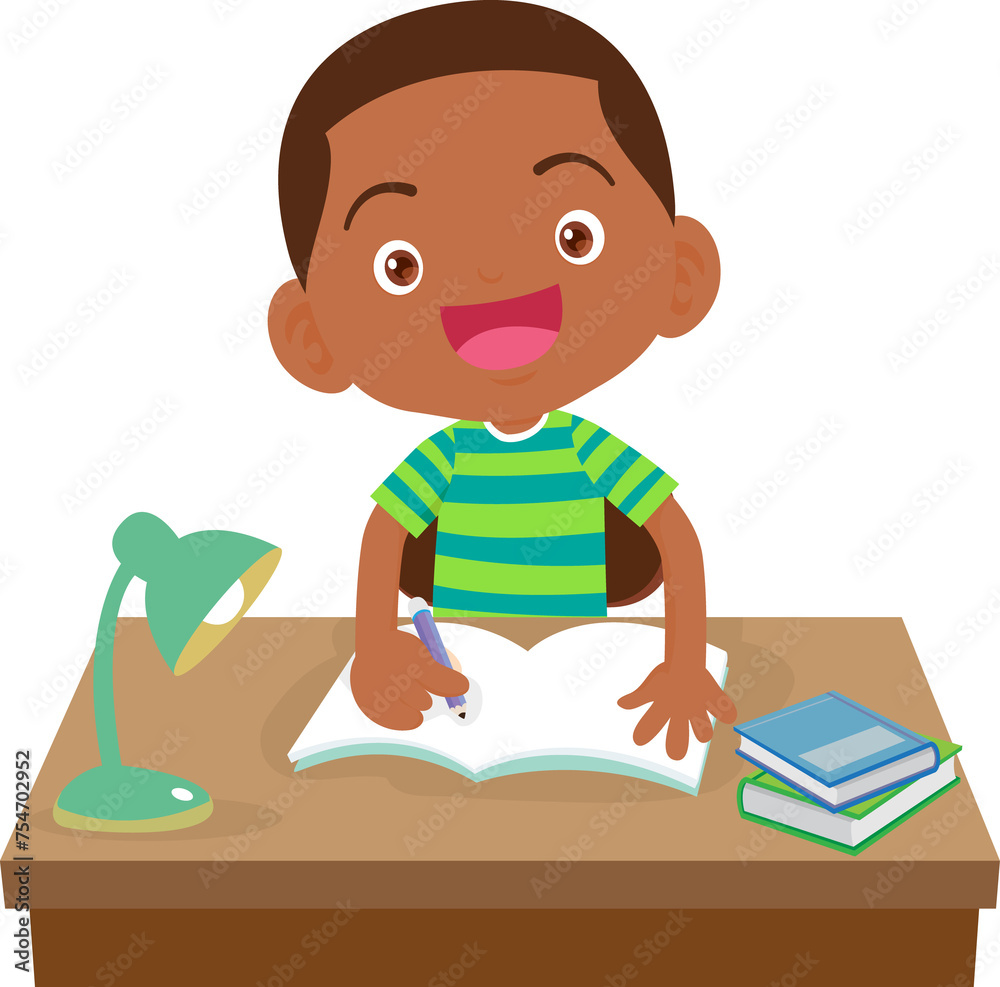 kid learning doing homework read and writing on desk
