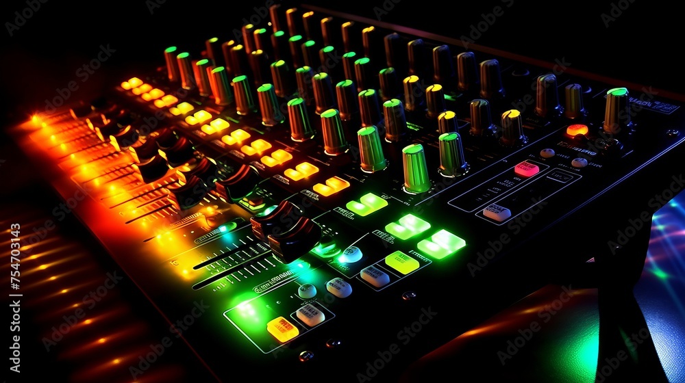 Professional dj adjusting sliders on high-tech mixing console in vibrant nightclub atmosphere