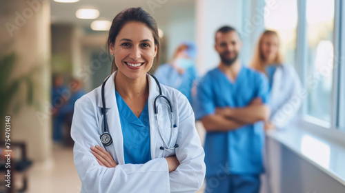 Female doctor posing and smiling for camera with medical staff blurred in background