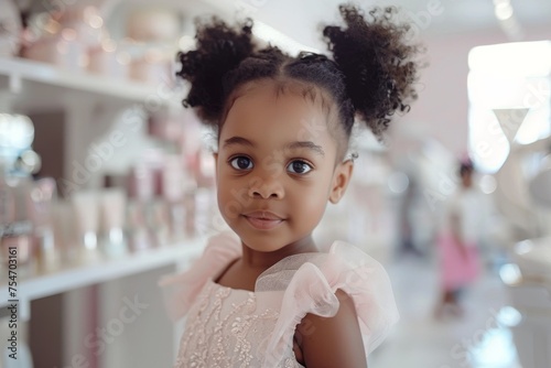 Portrait of a little black girl in a beauty salon