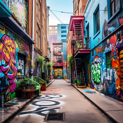 A city alley with street art and graffiti.