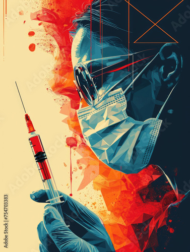 Illustration of nurse wearing a face mask while holding a syringe filled with a vaccine