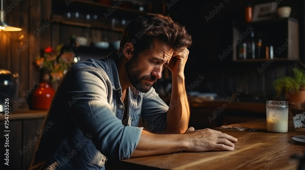 Isolated image of a worried, tired man with a headache. A worried man is holding his forehead. Generative AI