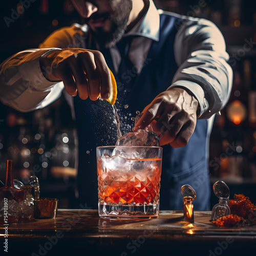 A close-up of a mixologist crafting a cocktail.