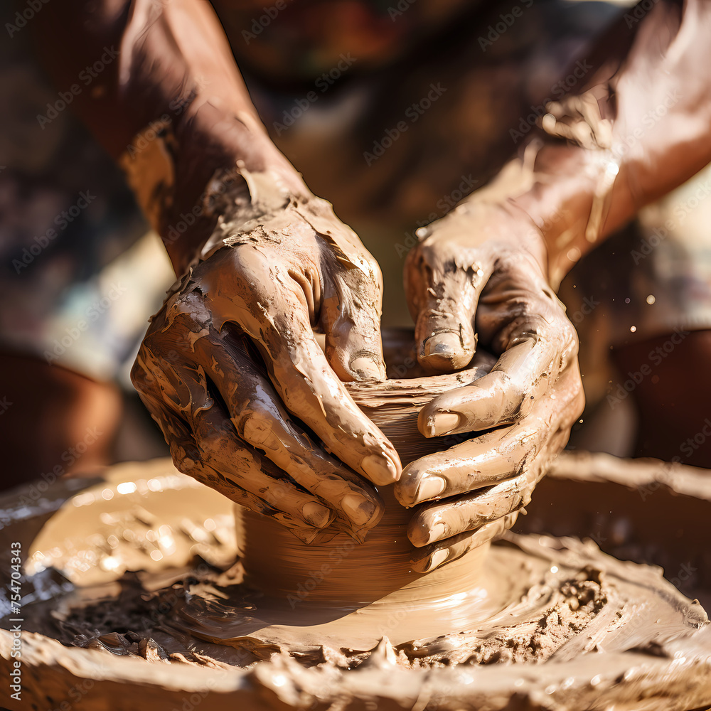 A close-up of a potters hands shaping clay.