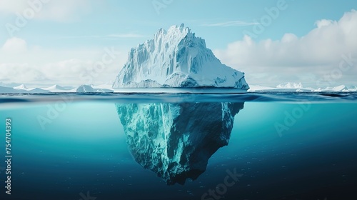 Minimalistic image of an iceberg in the ocean with a view under and above the water with a copy space. Generative AI
