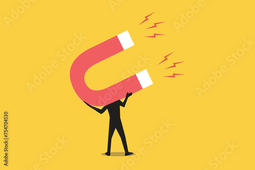 Businessman with giant magnet. concept of target investments, attracting money, lead generation