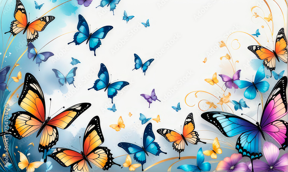 Fluttering delicate butterflies in vibrant colors flying and blue splashes.
