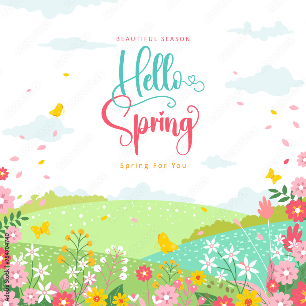 Spring template with beautiful flower and landscape background