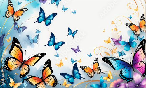 Fluttering delicate butterflies in vibrant colors flying and blue splashes.