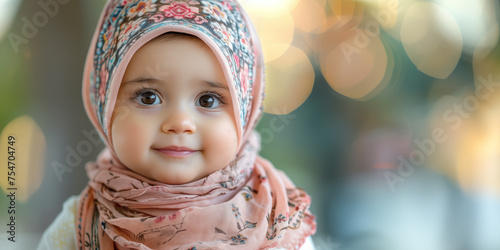 Banner with small cute arab baby girl in hijab and place for text. photo