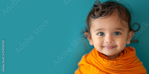 Small cute smiling indian girl with bindi over teal background. Banner with copy space. Shallow depth of field. photo