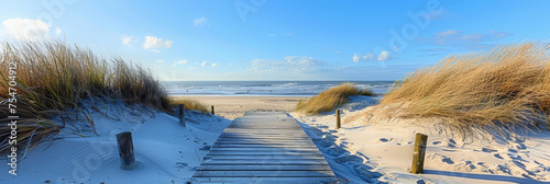 A wooden walkway leading to the beach, surrounded by dunes and grasses under a clear blue sky, photo