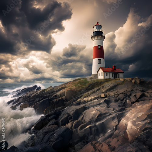 A coastal lighthouse against stormy clouds.