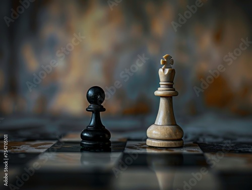 two chesspieces - one black, one white - on a chessboard - concept of diversity and inequality