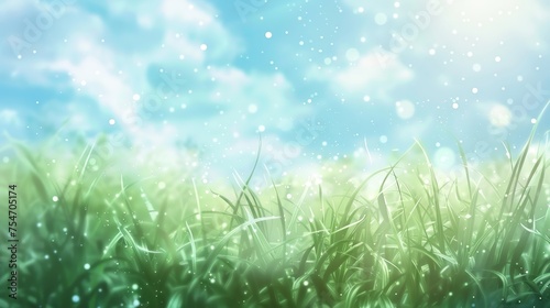  Beautiful blurred background green grass under blue skies 