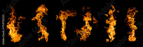 The set of fire and burning flame isolated on dark background for graphic design