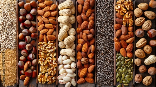 This colorful top view shows a variety of nuts and seeds, including walnuts, chia, almonds, hazelnuts and pistachios, perfect for health-conscious snacking. Mockup. Copy space