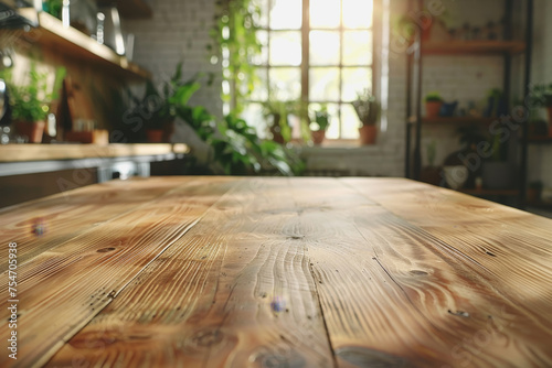 The wooden table inside the kitchen in the morning is lit by the sun in the window. AI Generated