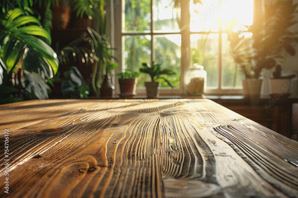 The wooden table inside the kitchen in the morning is lit by the sun in the window. AI Generated