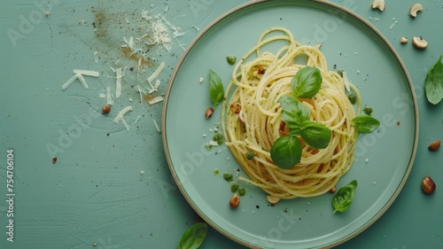 Authentic Italian spaghetti with green pesto and roasted nuts, top view