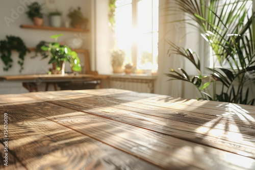 The wooden table inside the kitchen in the morning is lit by the sun in the window. AI Generated