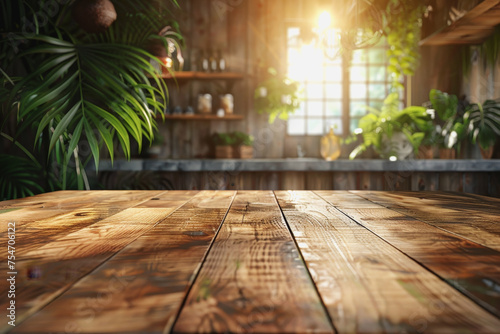 The wooden table inside the kitchen in the morning is lit by the sun in the window. AI Generated