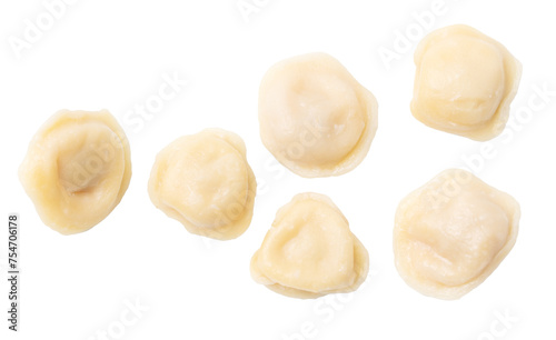 Boiled dumplings isolated on white background. Top view