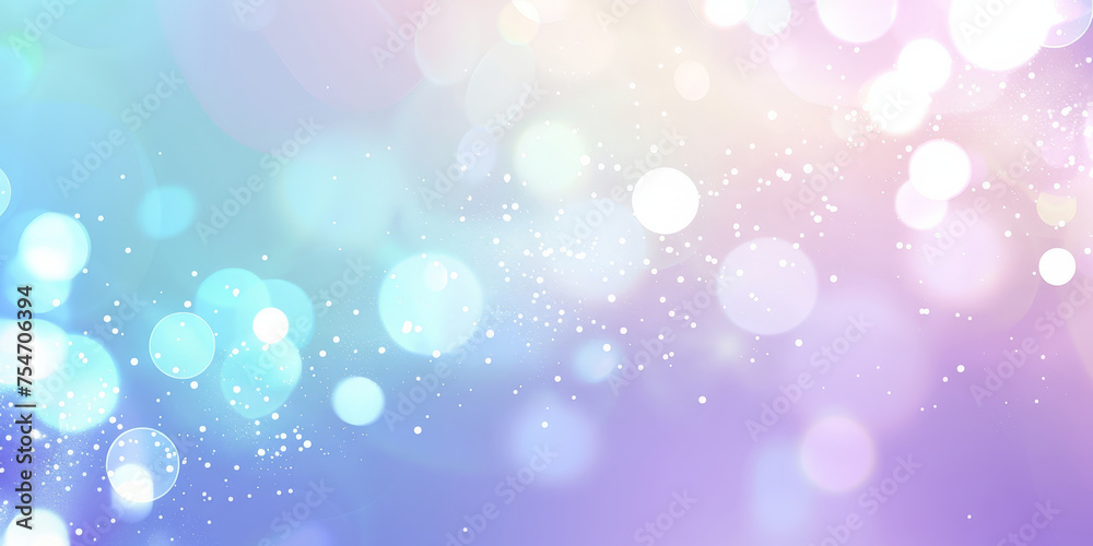 Abstract blurred background with white bokeh lights and sparkling glitter in pastel colors. Abstract background with colorful defocused light, stars, sparkles, and particles.  blue unicorn banner 