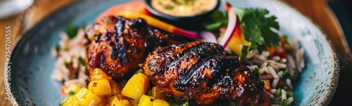Jerk chicken tropical meal background  photo