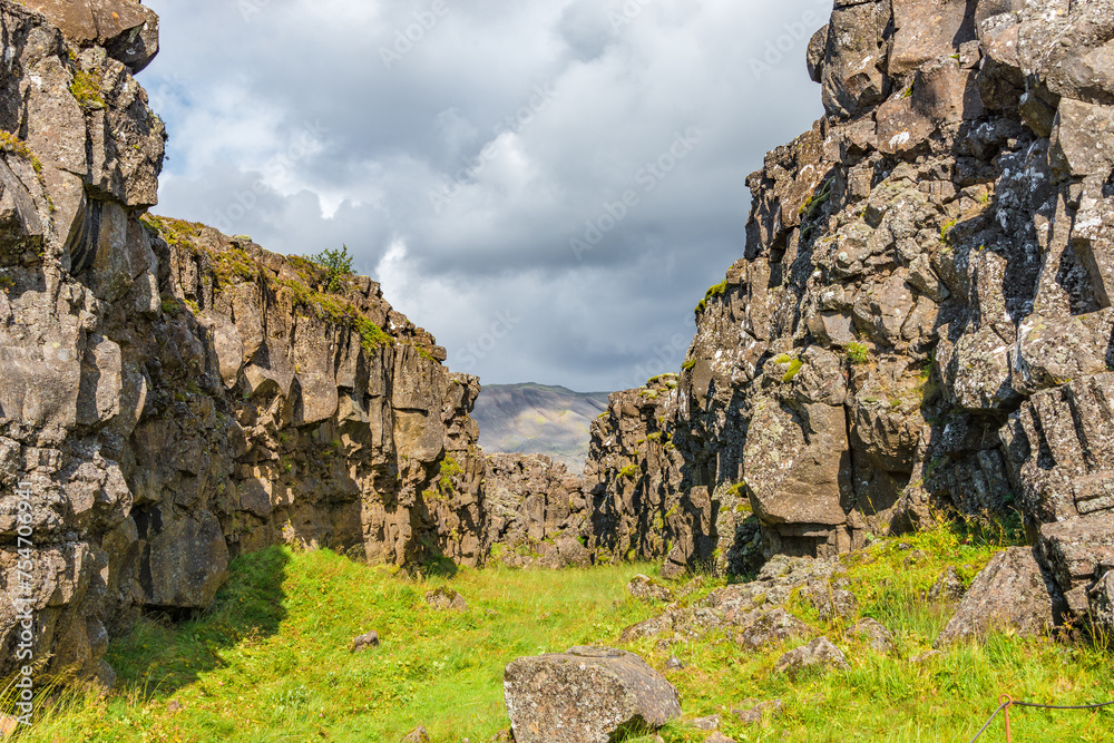 Thingvellir, Hvannabrekka, Iceland, famous tourist attraction in Iceland with lava field cracks, cliffs and rocks