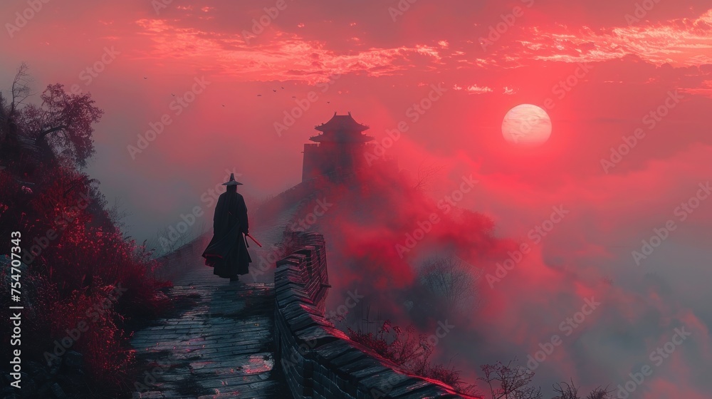 chinese warrior on the great wall of china - obrazy, fototapety, plakaty 