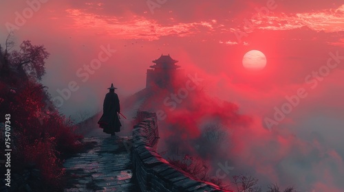 chinese warrior on the great wall of china