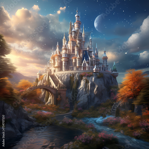 A magical castle in a fantastical landscape. 