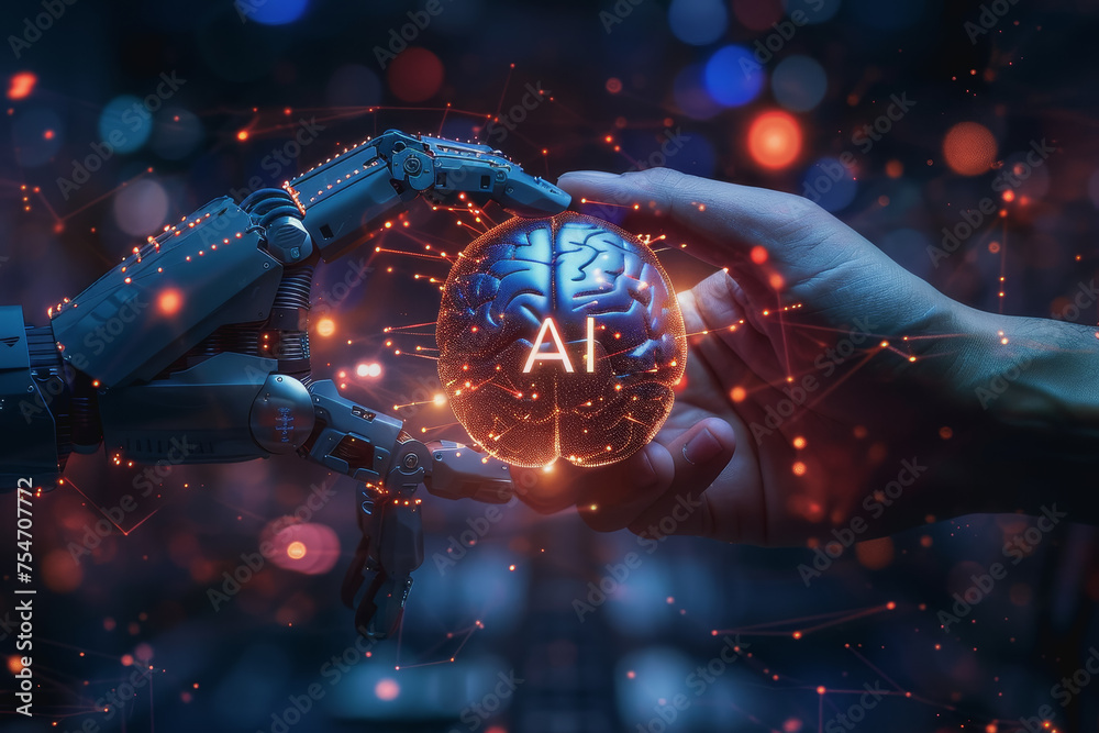Fototapeta premium A robot hand and a human hand hold a ball with a brain inside, and 