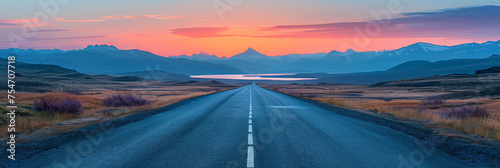 empty road with mountains and lake background at sunset ora sunrise  banner 