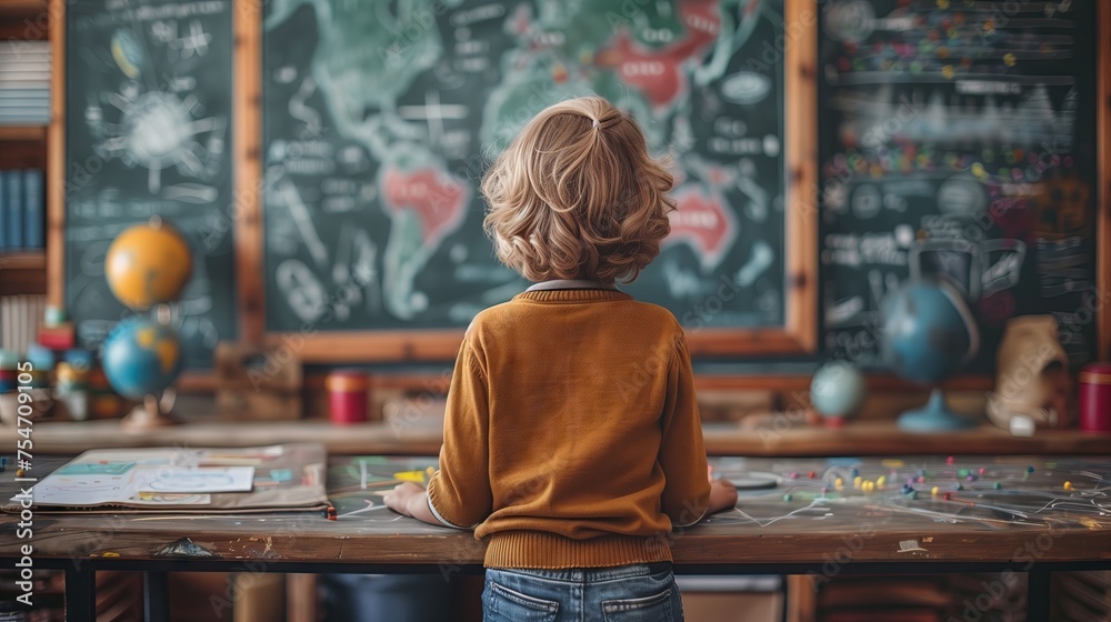 Boy in school who is intent on learning new knowledge in front of the blackboard. For studying. world literacy day concept Boy in school who is intent on learning new knowledge in front of the blackboard. For studying. world literacy day concept