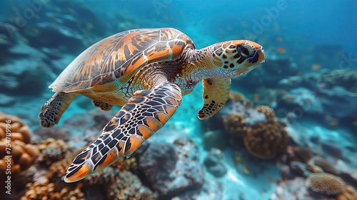 Sea turtles, brightly colored, swimming comfortably. Under the clear and clean sea Concept of animal life