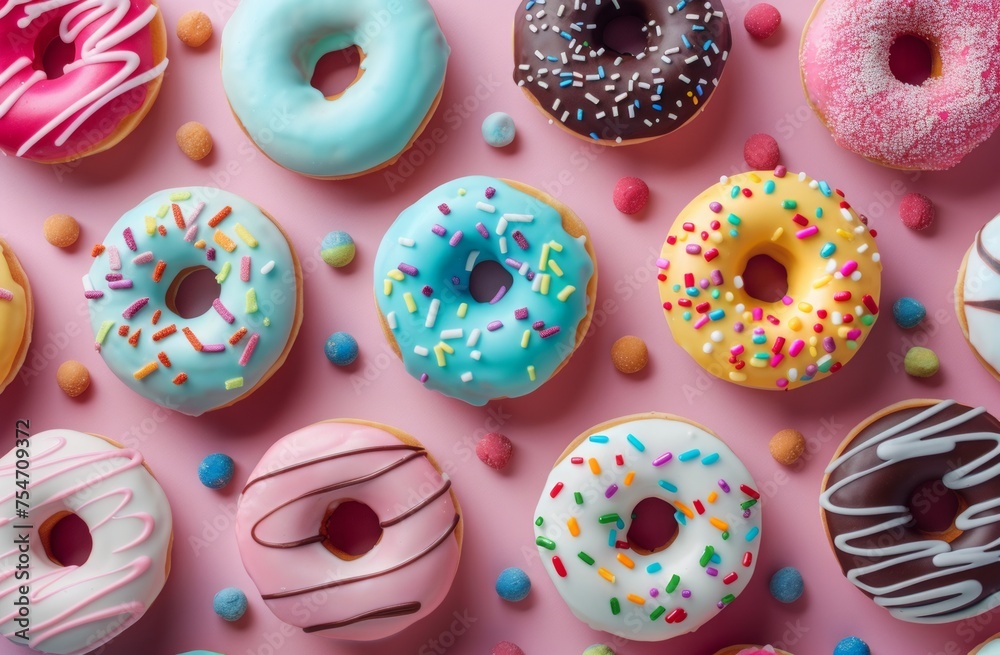 Donuts with colorful glaze and sprinkles on a pink background. pink and yellow donuts on a white background Donuts with colorful glaze and sprinkles on a pink background. pink and yellow donuts on a white background