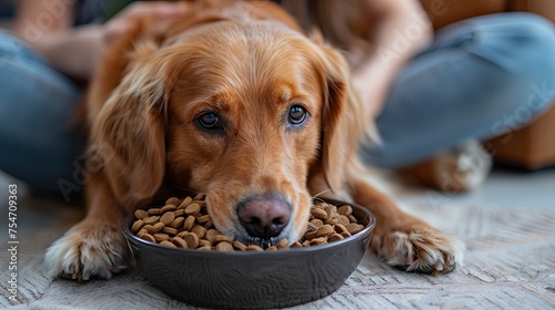 Feeding time  labrador dog with a bowl full of food in the living room at home