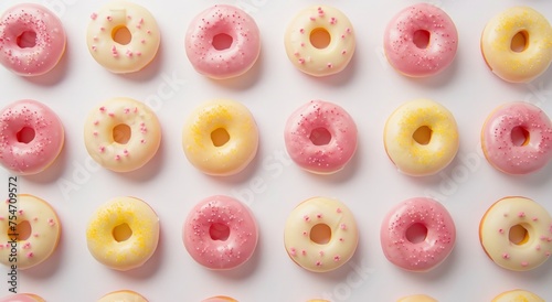 Donuts with colorful glaze and sprinkles on a pink background. pink and yellow donuts on a white background